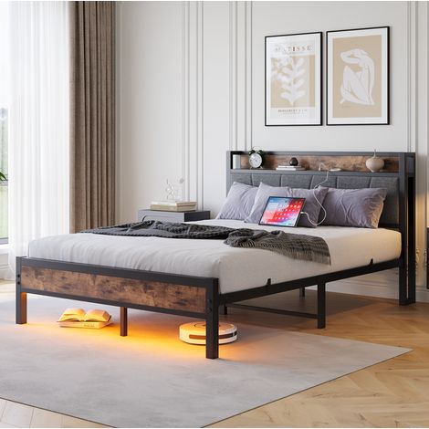 Bettgestell 140x200 cm antikbraun aus MDF und Metall mit LED-Beleuchtung, USB-Anschlüssen, Stauraum-Kopfteil und geräuscharmem Design (1/5)