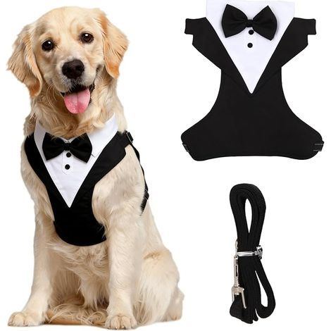 Dog Formal Costume XL Black Shirt with Bow Tie and Vest Lead Clothes for Wedding and Birthday