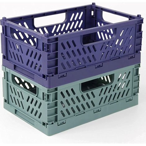 Lot de 2 Caisses Rangement Pliable Cagettes Plastique Empilable Caisse Pliante avec Poignée pour Cuisine, Chambre à Coucher, Bureau(bleu+vert foncé, 22 x 15 x 9 cm) (1/5)
