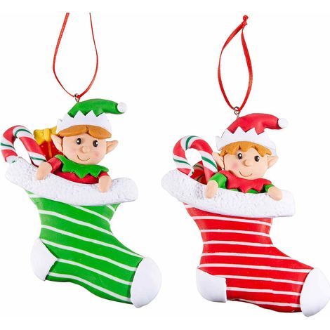 Addobbi elfi di Natale in calza natalizia realizzati in pasta di resina colorata da appendere, set da 12 pezzi, cm 8,5 x 11 H