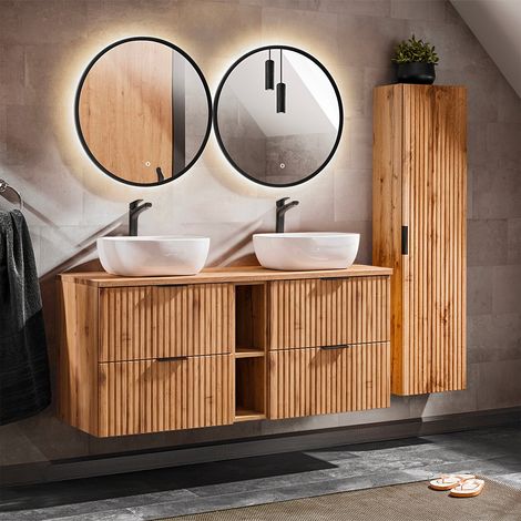 Conjunto mueble lavabo doble 140cm 2 nichos y columna Adriel Madera (1/4)