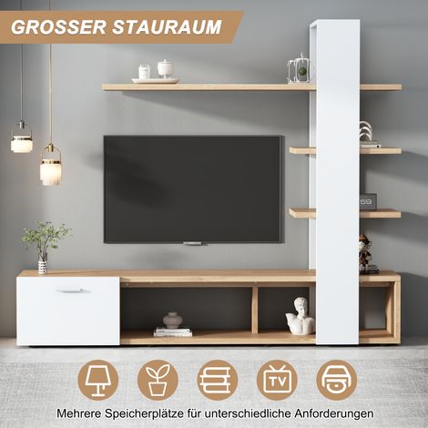 Meuble TV moderne en chêne blanc, ensemble de meubles de salon avec colonne murale, 180 x 33,5 x 151,5 cm, compatible téléviseurs jusqu'à 60 pouces, buffet bas et rangement mural, set de mobilier séjo (1/5)