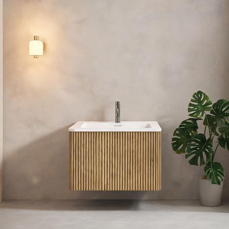 Vasque en pierre minérale avec meuble suspendu en chêne 60 cm oak (1/5)