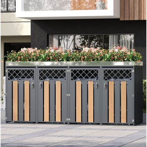 Armario para cubos de basura de acero galvanizado gris y efecto madera, 4 compartimentos con jardinera superior y puertas con cierre (1/5)