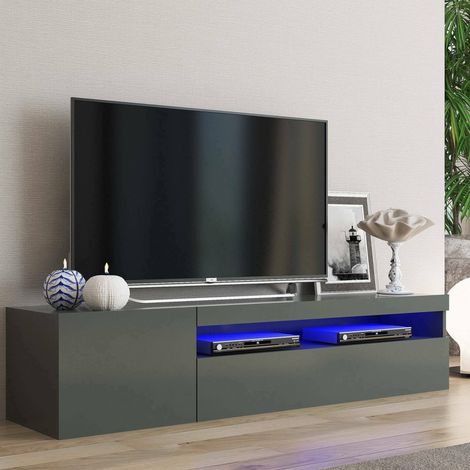 Dmora Soporte para TV para sala de estar, Made in Italy, Soporte para TV con 2 puertas, Soporte para TV para sala de estar, cm 150x40h37, color Antracita brillante, con luz LED azul, con embalaje refo (1/4)