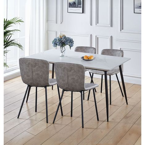 Hallowood Furniture Cullompton Dining Table and Chairs Set 4, Rectangular White Faux Marble Table and 4 Chairs in Taupe Leather Effect Upholstery, Stylish Dining Room Sets for Home or Cafe (1/5)