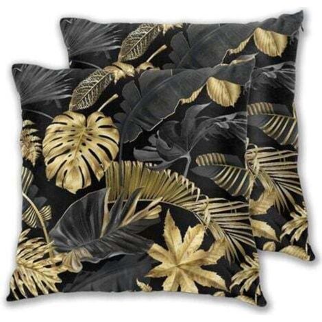 Kissenbezüge, tropische Blätter in Gold und Schwarz auf dunklem Hintergrund, 45 x 45 cm, 2er-Set Dekokissenbezüge mit verdecktem Reißverschluss