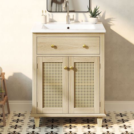 Mueble de baño con lavabo de cerámica 61x47x87cm - armario bajo lavabo de pie con puertas de ratán estante ajustable y cajón abatible estilo boho - madera natural (1/5)