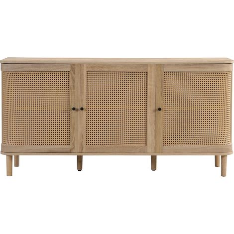 Homifab – Buffet 3 portes chêne naturel et cannage – Dimensions 150 x 39 x 77 cm – Piètement en bois massif – Poignées laiton mat (1/5)
