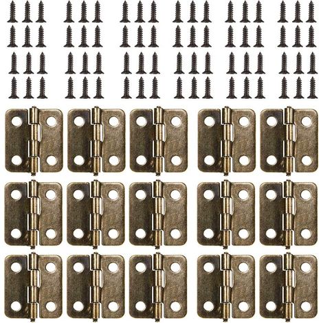 Petite Mini Charnières, 50 packs Cabinet Porte Tiroir Coffre Charnières Connecteurs avec 200 pièces 8 mm remplacement de vis, métal Charnière pour boîte à bijoux en bois bronze