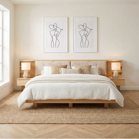 Lit flottant moderne 180x200 cm en bois d’ingénierie naturel avec tête de lit rembourrée, rangements, tiroirs et USB (1/5)