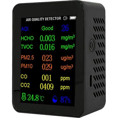 Tragbarer 9-in-1 Luftqualitätsmesser PM2.5 PM10 CO CO2 TVOC HCHO AQI Temperatur- und Feuchtigkeitsmesser Farbdisplay Kohlenstoffdioxid-Detektor mit Uhranzeige (1/5)