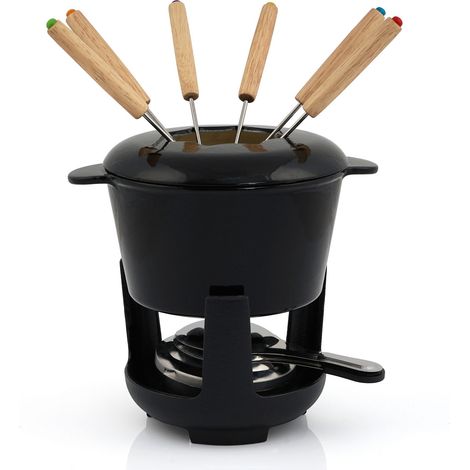BBQ-Toro 13-teiliges Gusseisen Fondue Set für 6 Personen 1 L emailliert schwarz