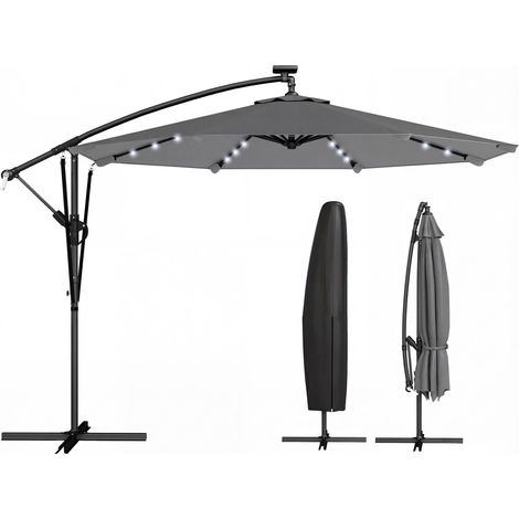 Parasol déporté avec éclairage solaire LED 330 x 295 cm, pied en croix, manivelle, housse de protection gris foncé