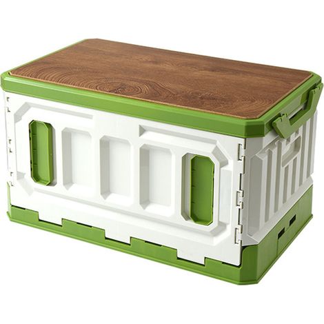 Boîte de rangement pliable 95L vert blanc, coffre de camping 3 couches empilable avec couvercle en bois, bac en plastique grande capacité (1/5)