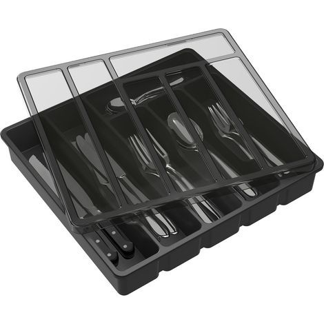 Plateau à couverts avec couvercle de tiroir, boîte de rangement pour couverts en plastique, 6 compartiments, noir. (1/5)
