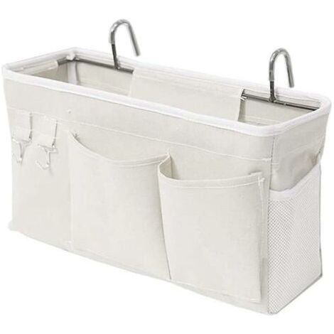 Sac de lit organisateur de lit avec crochets poche suspendue sac de rangement de lit mezzanine pour livre, magazine, téléphone portable, rangement de lit pour écouteurs (blanc) (1/4)