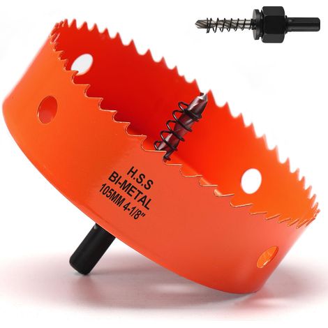 Scie cloche - 105 mm - Orange - Acier rapide HSS M42 bi-métal - Scie cloche avec tige hexagonale et foret avec profondeur de coupe de 35 mm - Pour bois, construction sèche et tôle métallique (1/5)