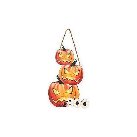 Décoration d'Halloween au design chic, panneau de porte en bois avec citrouille « Des bonbons ou un sort », veilleuse pour intérieur et extérieur, convient à de nombreuses portes, maisons et bureaux. (1/5)