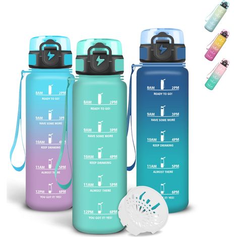 Gourde 500ml, Gourde Enfant avec Filtre, Anti Fuite Bouteille Motivationnelle, Verrou de Sécurité, Avec Marqueur de Temps, Gourdes Graduée pour 1 Journee pour Bureau, Gym, Voyage (1/5)
