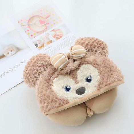 Housse coussin voyage en forme de U à capuche ours mignon, rembourrage coton PP, couleur kaki, pour siège d'avion (1/5)
