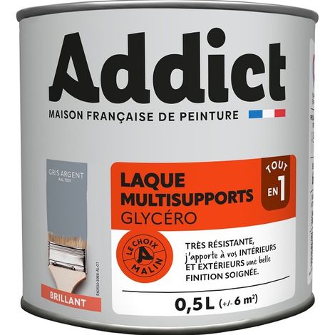 Peinture laque glycérophtalique brillante 0.5 Litre gris minéral – Résistante aux intempéries – Lessivable – Pour boiseries et supports métalliques – Addict