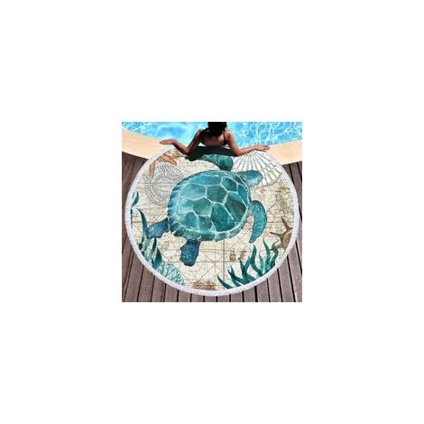1pc Serviette de plage ronde en microfibre pour couverture de plage, serviette de bain, tapis de yoga, couverture de camping, couverture de pique-nique,150 cm (bleu-tortue 2)