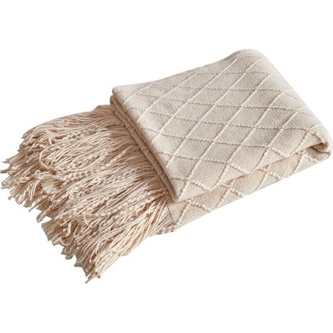 Plaid tricoté à motif losanges, beige, 125 x 170 cm, avec franges (1/5)