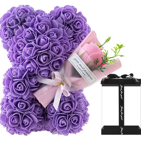 Ours en peluche rose avec bouquet de roses, cadeau d'anniversaire ou de fête des mères pour petite amie, épouse, maman ou fille (violet) (1/5)