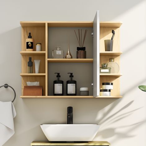 Miroir mural salle de bain 80x20x59 cm en bois avec étagère 2 niveaux et 6 casiers ouverts (1/5)