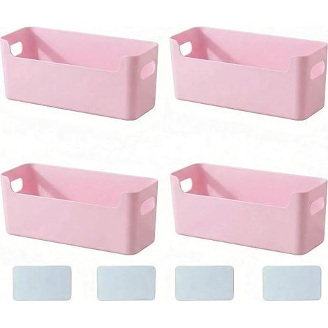 Storage Boxes with Handle, Low Front Storage Basket, Plastic Storage Box for Kitchen and Bathroom, Shelves Cabinets (Narrow Pink)