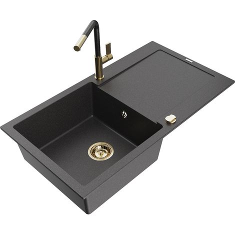 Mexen Leo lavello in granito a 1 vasca con sgocciolatoio e rubinetto cucina Flora, nero punteggiato - 6501-76-670401-75-G (1/5)
