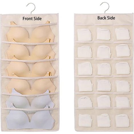 Confezione da 2 sacchetti porta biancheria intima da appendere, organizer pieghevoli a doppia faccia salvaspazio, beige (1/5)