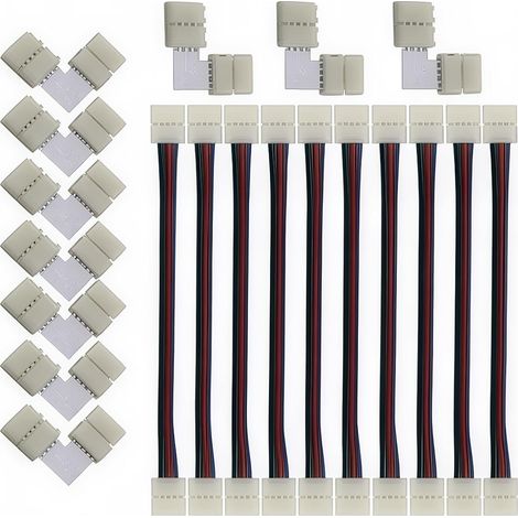 RGB-LED-Lötfreies Kabel, 4-polig, 10 mm breit, Streifen-zu-Streifen-Verbindung, 4-poliger L-förmiger rechtwinkliger Lötverbinder, insgesamt 20 Stück, für 4-polige 10-mm-5050-RGB-LED-Streifen