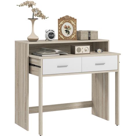 Console sécrétaire 2 en 1 - plateau coulissant, 2 tiroirs - blanc naturel (1/4)