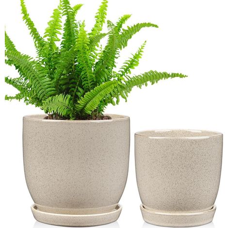 Keramik Blumentöpfe 2er-Set mit Untersetzer, 15/12cm, Beige, mit Ablaufloch (1/5)
