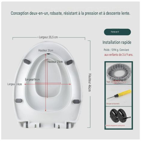 Abattant WC 2 en 2 Adulte & Enfant Forme U, Frein de Chute Silencieux, Déclipsable Rapide, PP Alimentaire Sans BPA-[En V] Blanc