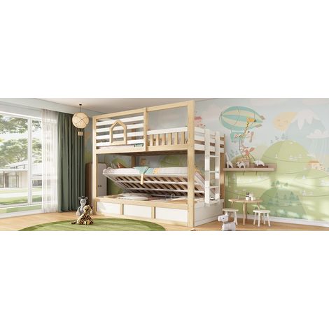 Litera infantil 90x200 cm de madera blanco/roble con almacenaje, sin colchón – MEUBLIV (1/5)