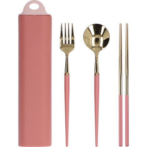 Ensemble de couverts en acier inoxydable portable pour voyages avec boîte de rangement - Ustensiles de cuisine pour étudiant, rose doré (1/5)