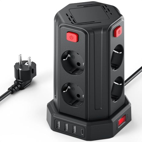Multiprise avec Interrupteur, 12 en 1 Prise Multiple 8 Sorties AC avec 3 USB, Parafoudre et Surtension avec Rallonge Electrique 2M, Tour Multiprise pour Maison, Bureau Noir (1/5)