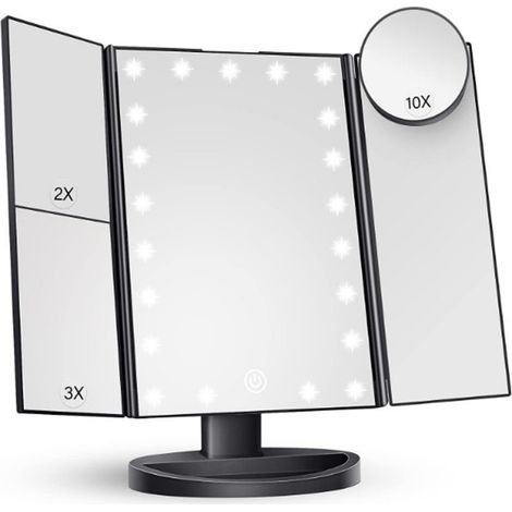 Specchio per il trucco illuminato con 22 luci LED, doppia alimentazione (1x/2x/3x/10x), ingrandimento regolabile, angolo regolabile di 180 gradi, specchio cosmetico da viaggio - Nero