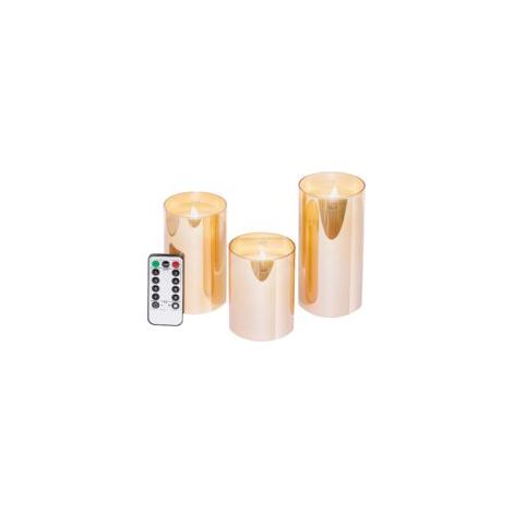 Set mit 3 flammenlosen LED-Kerzen, batteriebetriebene Stumpenkerzen, mit Fernbedienung und Timer, elektrische Kerzen, Durchmesser 7,6 cm, Höhe 10,2 cm, 13,2 cm, 15,2 cm, Wachs + Goldglas - Crezuo