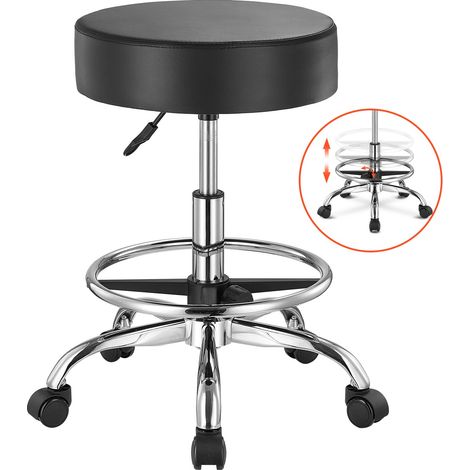 Tabouret à roulettes avec repose-pieds, capacité de poids 204 kg, rond tabouret roulant, hauteur réglable, chaise pivotante en cuir PU épais, pour salon, spa, massage, tatouage, clinique, noir (1/5)