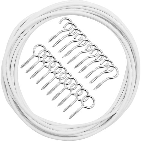 Kit Rideau Blanc 4M Câble Rideau Plastique 10 Paires Crochets et Yeux (1/5)