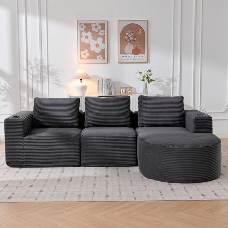 Divano 265x176x60 cm grigio scuro in poliestere imbottito con 3 cuscini e portabicchieri doppi (1/5)