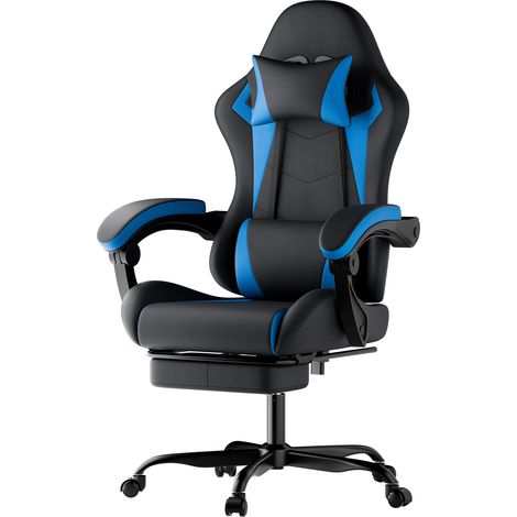 Fauteuil de bureau ergonomique pour gaming avec appui-tête et lombaire réglables, dossier inclinable, noir et bleu (1/5)