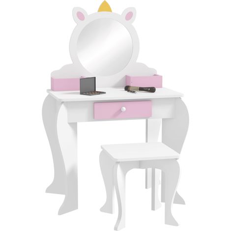 Set Toeletta Trucco Bambina 55x34x87 cm con Sgabello Specchio in Acrilico 2 Scatole Portaoggetti Design Unicorno in MDF Rosa (1/5)