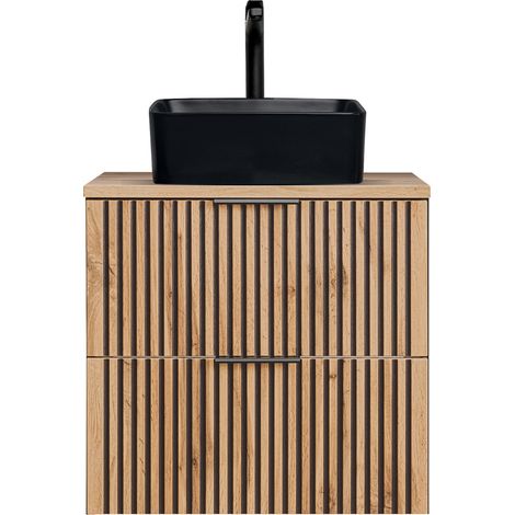 Waschtisch Unterschrank 60 cm mit Aufsatzwaschbecken schwarz matt XANTEN-56 in anthrazit mit Eiche Nb. schwarz gerillt, B/H/T: ca. 60,6/72,2/46,5 cm (1/5)