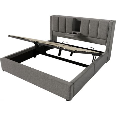 Cama canapé 180x200 cm de lino gris con portavasos y estación de carga USB-C (1/5)