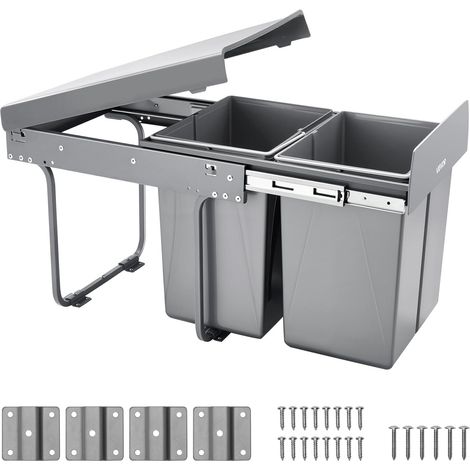 Poubelle coulissante pour armoire de cuisine, collecteur de déchets sous évier 20 L x 2, conteneur à déchets sous montage avec système coulissant à extension complète en métal robuste et poignée (1/5)